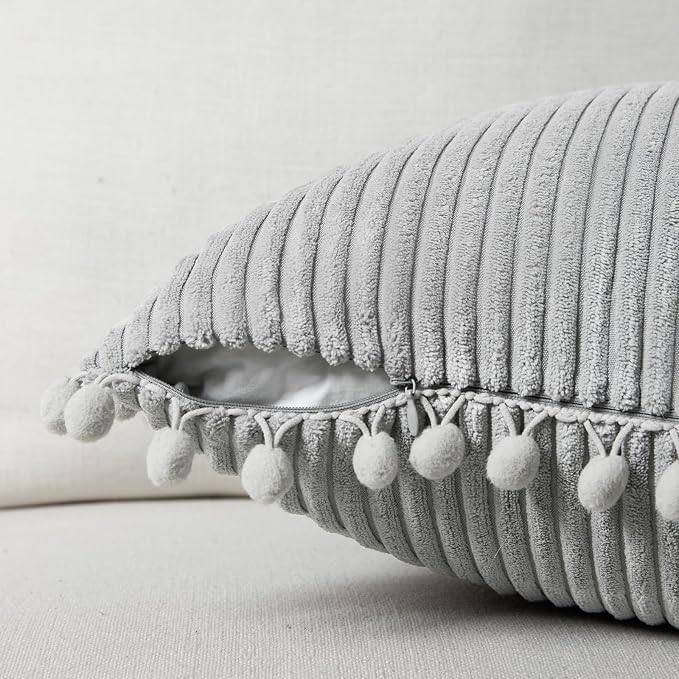 Fancy Homi Pack of 2 Boho Neutral Grey Lumbar Decorative Throw Pillow Covers with Pom-poms, Soft Corduroy Solid Rectangle Cushion Cases Set for Couch Sofa Bedroom Car(12x20 Inch/30x50 cm)