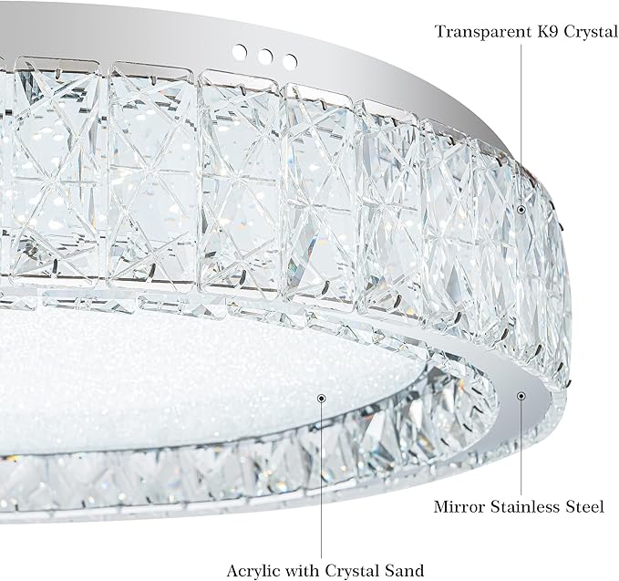 Krychiler 21.6" Large Crystal Flush Mount Ceiling Lights, Dimmable LED Modern Close to Ceiling Lighting Fixture, Chrome Hallway Round Chandelier for Bedroom Kitchen Bathroom Foyer Living Dining Room