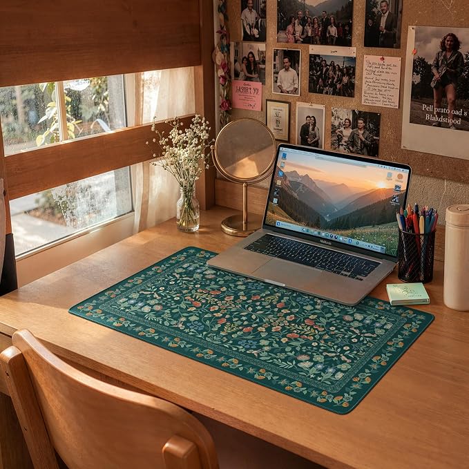 iCasso Aesthetic Flower Mouse Pad,23.6x13.7in,Deep Green | Vintage Desk Matt for Desktop, Anti-Slip Mousepad with Stitched Edges for Laptop Computer Keyboard