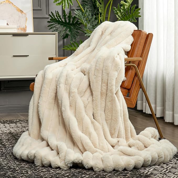 Cozy Bliss Faux Fur Throw Blanket for Couch, Cozy Warm Plush Striped Blanket for Sofa Bedroom Living Room, 50 * 60 Inches Beige