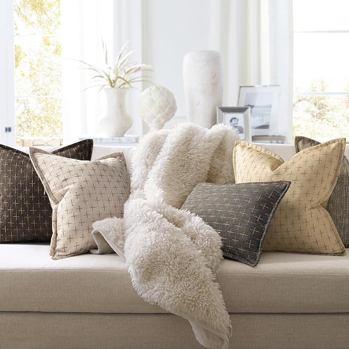Pillow Covers 16x16 Set of 2 Soft Polyester Textured Pillow Covers with Stylish Flange Edge Cozy Farmhouse Throw Pillows for Couch Bed Sofa Living Room