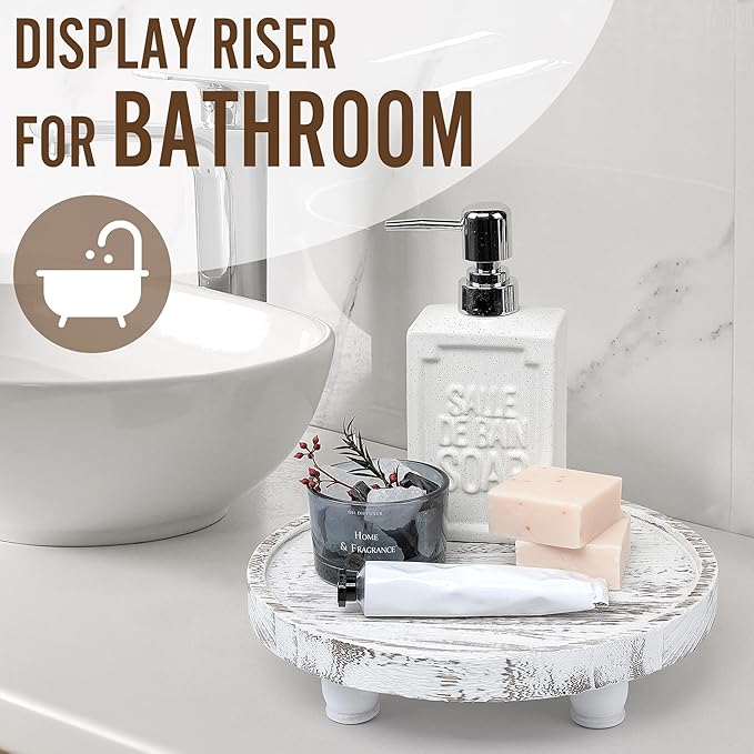 Tikea Farmhouse Wood Display Riser, 10 in. Farmhouse Pedestal Stand for Kitchen Bathroom Counter Decor, Round Display Tray for Soap Dispenser and Plant (White)