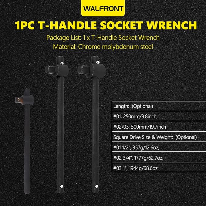 Walfront Sliding Wrench Breaker Bar T-Handle Socket Wrench Heavy Duty Steel With Ergonomic Design (1", 1944g/68.6oz)