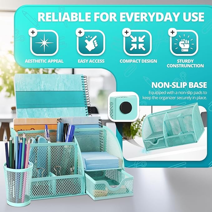 Flexzion Desk Caddy Organizer Set (Green) - Metal Mesh Desktop Caddy with Drawers, 6 Compartments, and Pencil Holder for Women & Men - Desktop Organizer and Storage for Work or Office Supplies