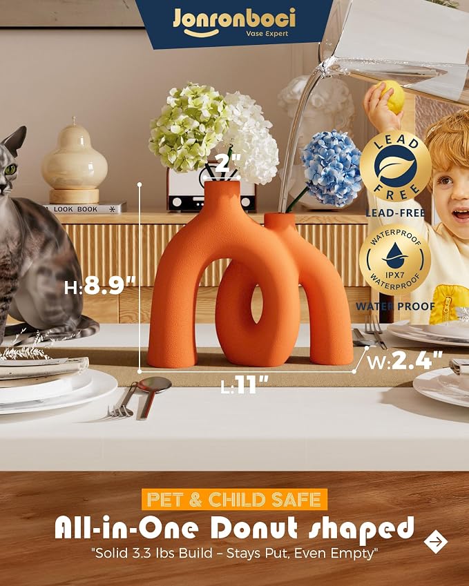 Hug Donut Decorative Vase Set - Modern Vases Home Decor, Decorative Vase for Bookshelf, Entryway Table, Dining Table Centerpiece, Mantle or Fireplace Decor, Console (Orange)