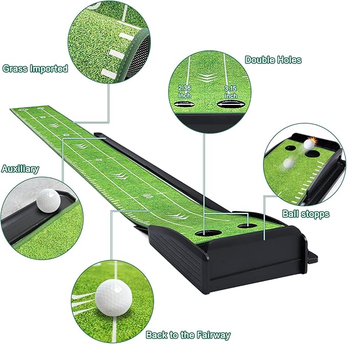 Golf Putting Green Indoor Putting Green Set with Putter & 6 Balls, Putting Practice Mat with Auto Ball Return System Suitable for Office, Backyard, Patio, Golf Gift for Men
