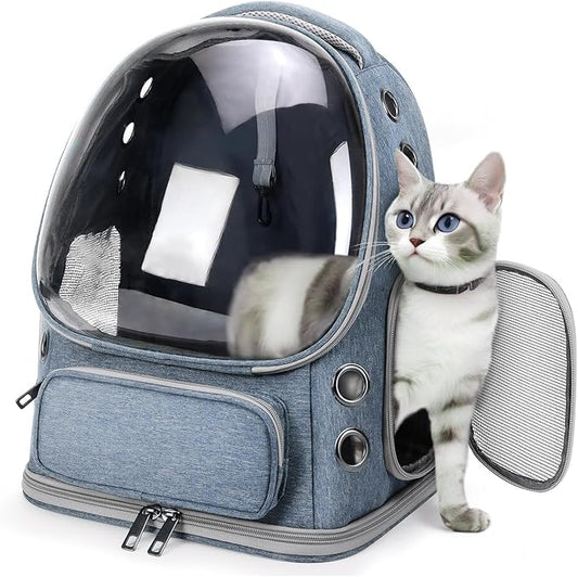 Cat Backpack Carrier, Breathable Cat Bubble Backpack for Kitty & Small Dog, Large Space Cat Carrier Backpack, Foldable Airline Approved Carrier for Trip Vet Travel up to 18lbs（Blue）