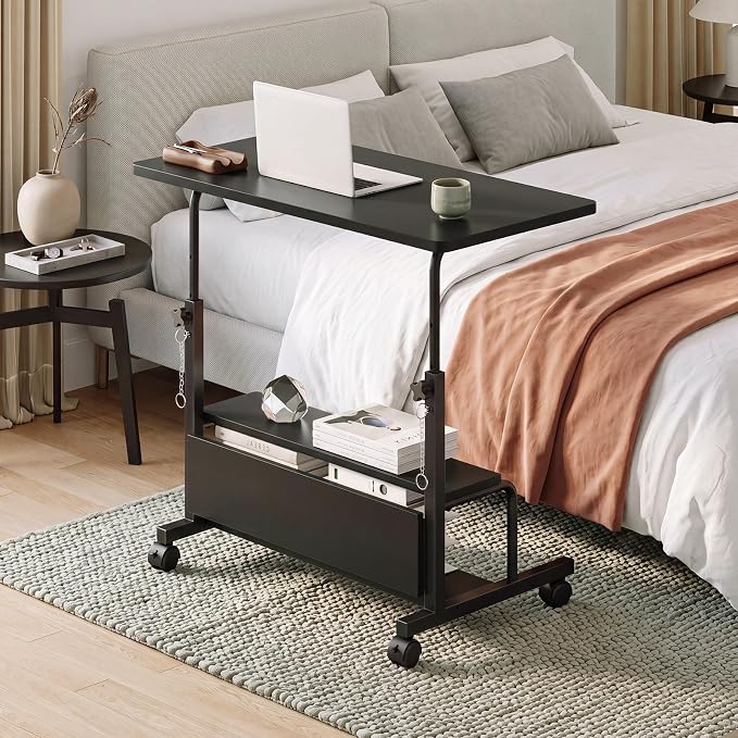 OLIXIS Rolling Desk, Storage Shelves, Laptop Table, Home Office | Height Adjustable Design, Computer Desks on Wheels, Portable for Small Spaces Use, Black