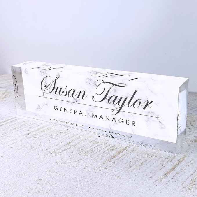 Artblox Personalized Name Plate for Desk | White Marble Design On Clear Acrylic Glass | Custom Plaque Desk Name Plate Personalized Your Name and Credentials Office Office Sign Engraved Plaque