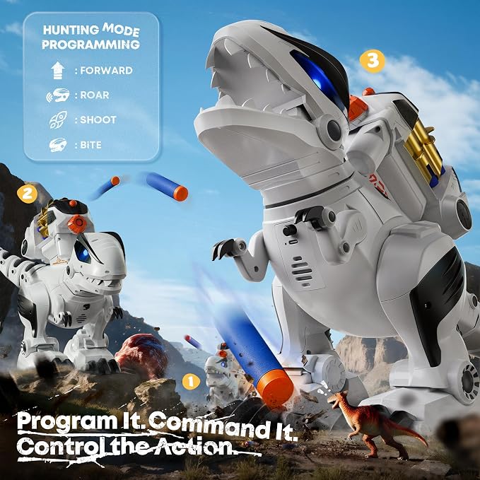 Ruko 8809 Robot Dinosaur Toys for Kids, Birthday Gift for Boys Age 3-8 | Interactive with Sound Effects, Remote Control T-Rex, STEM Programmable, Rechargeable, LED Eyes, Soft Dart, White