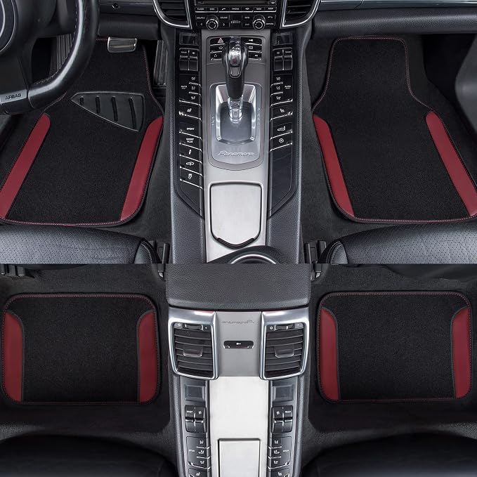 CAR PASS Waterproof Universal Fit Car Floor Mats, Car Mats Fit for SUV,Vans,sedans, Trucks,Set of 4pcs Car Carpet with Driver Heel Pad（Black and Burgundy）
