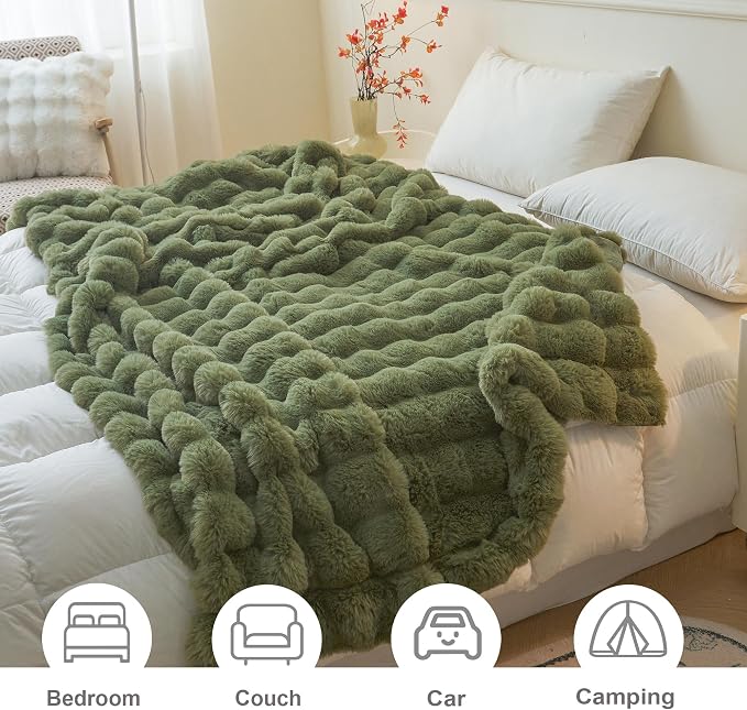 LIFEREVO Luxury Fluffy Faux Rabbit Fur Throw Blanket 50x60, Sage Green | Plush Bubble Blanket for Bedroom Living Room Office, Decorative Soft Moss Furry Lap Throw for Kids Teens Adults, Washable