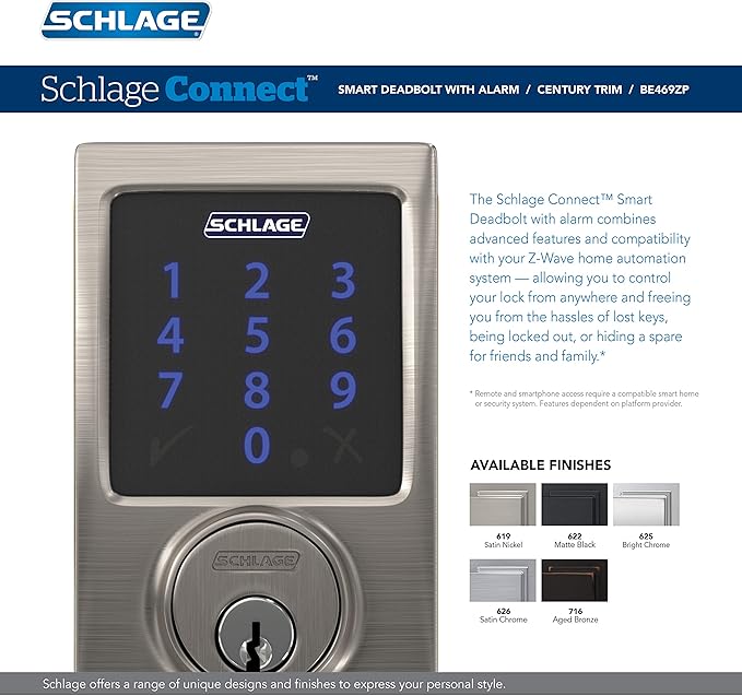 SCHLAGE BE469ZP CEN 622 Connect Smart Deadbolt with alarm with Century Trim in Matte Black, Z-Wave Plus enabled