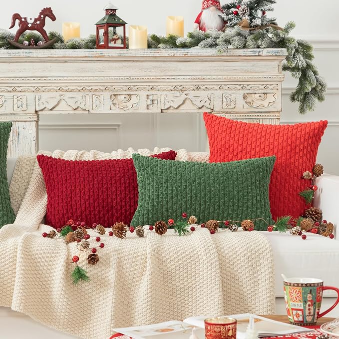 Kevin Textile Soft Corduroy 12"x24" Lumbar Pillow Cover 1 Pack, Burgundy | Boho Stripe Plush Corduroy Decorative Oblong Cushion Cover Modern Farmhouse Home Decor for Sofa Couch Bed Chair