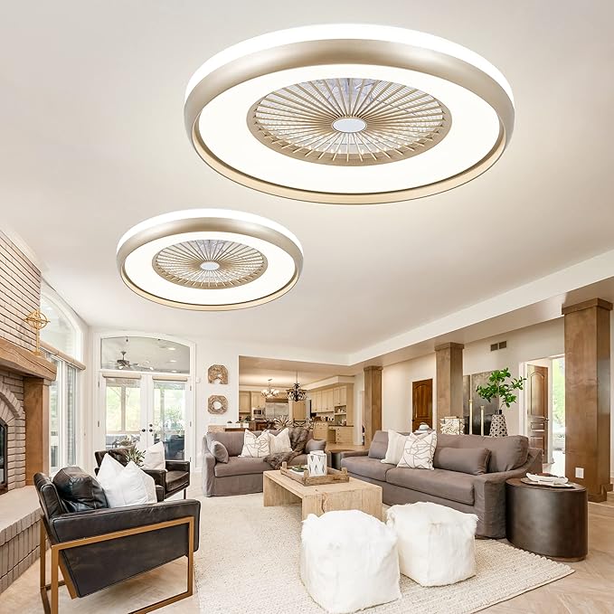 24" Bladeless Ceiling Fan with Light Remote, Smart LED Ceiling Fans with App Control, Modern Low Profile Dimmable Light Ceiling Fan for Bedroom Living Room Gold