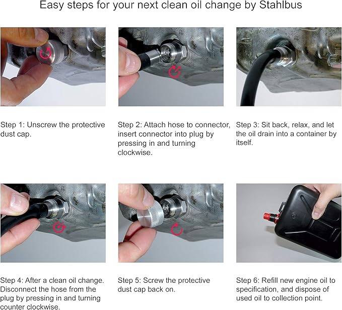 Stahlbus Oil Drain Valve Plug M14x1.25x12mm Steel - CLEAN, EASY, NO TOOL Oil Change - Includes Oil Drain Plug, Washer, Cap, Connector, Silicone Hose