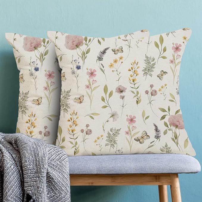 Spring Pillow Covers 24x24 Inch Set of 2, Sage Green Pink Wild Flower Throw Pillows Case,Colorful Seasonal Floral Plant Outdoor Decorative Farmhouse Decor Cushion Covers for Home Sofa Bed Couch