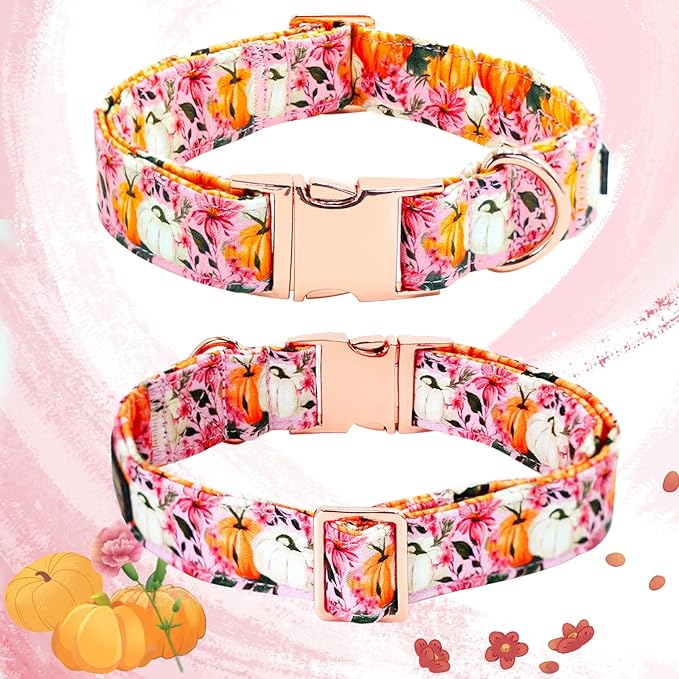 Fall Dog Collar, Pink Flower Pumpkin Print Adjustable Pet Collar Cute Cotton Soft Collars with Bow Tie Metal Buckle Holiday Puppy Collars Boy&Girl Gift for Small Dogs