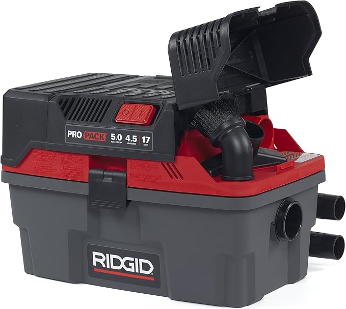 RIDGID 50318 4500RV ProPack 4.5-Gal. Portable Wet Dry Shop Vacuum with Toolbox Design, 5.0 Peak HP Motor, Expandable Pro Hose, and Blower Port, Red