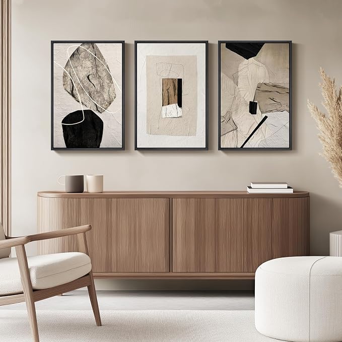 Framed Neutral Abstract Wall Art, Set of 3 Modern Canvas Prints Paintings Artwork for Walls, Minimalist Black and Beige Pictures for Living Room Hallway Stair Bedroom Office Wall Decor 16x24 Inch