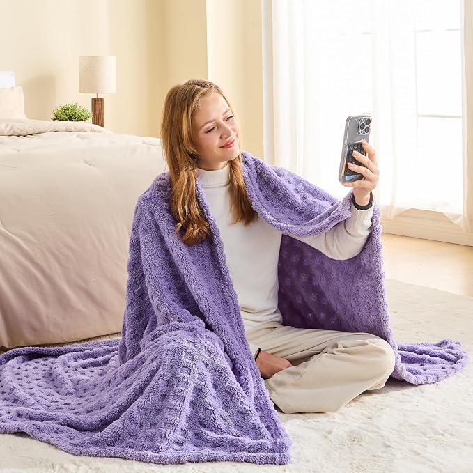 NEWCOSPLAY 3D Waffle Checkered Flannel Throw Blanket, Lavender, 50"x70" | Super Soft Cute Lightweight Decorative Premium Silky Fleece Blanket for Couch Sofa Bed, Gift for Women Men, All Season Use