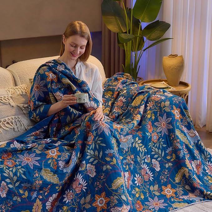 XIBLC Fall Throw Blanket for Couch, Blue Boho Decorative Throw Blanket, 100% Cotton Muslin Breathable Woven Farmhouse Blankets Quilt, 90"x98" Reversible Lightweight Blankets Bohemian Throw Quilt