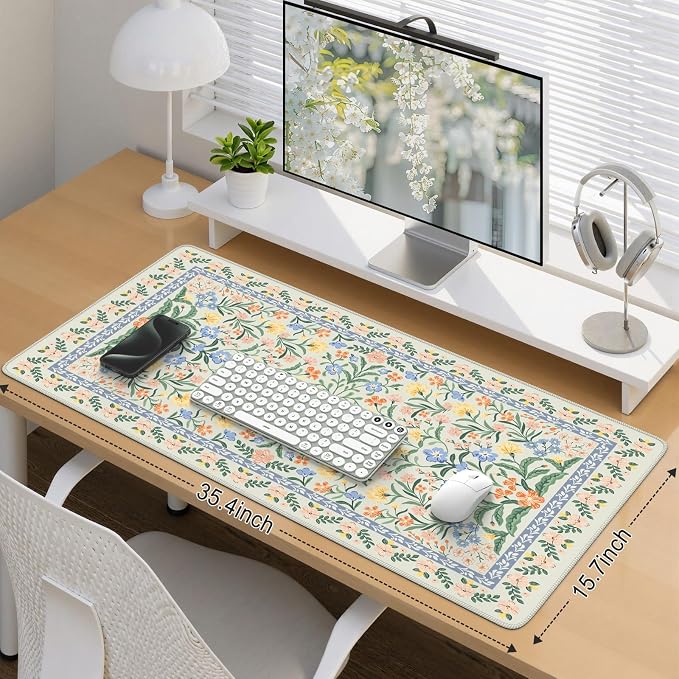 iCasso Desk Mat for Office Decor,35.4 x 15.7 in,Cute Green Floral | Desk Matt for Desktop,Desk Pad Mat for keyboard and mouse,XXL Large Mouse Pad,Anti-Slip keyboard pad with Stitched Edges
