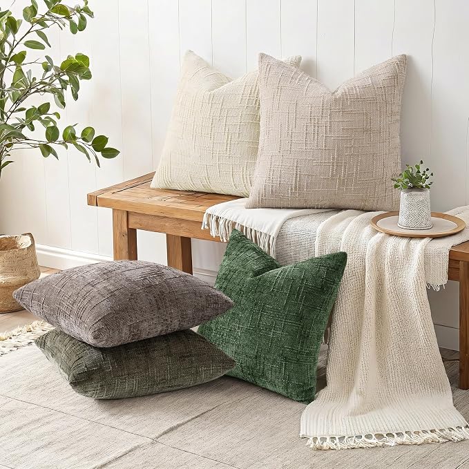 decorUhome Textured Chenille Throw Pillow Covers 12x20 Set of 2 Emerald | Fall Modern Farmhouse Soft Cozy Slubby Couch Pillow Cases Boho Decorative Pillow Cases for Bed Sofa Living Room Home Decor