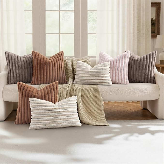 decorUhome Fall Faux Fur Throw Pillow Covers 12x20 Set of 2 Pink White | Decorative Soft Cozy Striped Plush Modern Farmhouse Boho Couch Pillow Cases Velvet Back for Sofa Bed Living Room Home Decor
