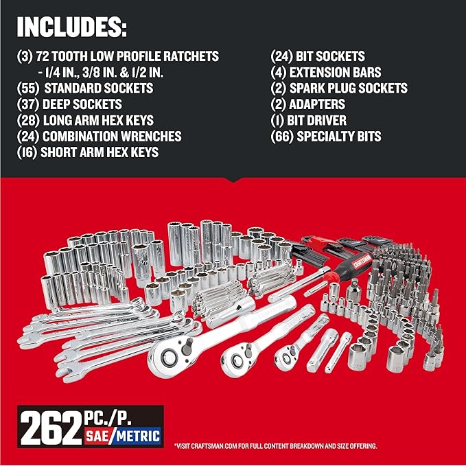 Craftsman 262-Piece Mechanic Tool Set with 3-Drawer VERSASTACK Box, SAE and Metric Socket Set, Car and Motorcycle Tool Kit with Combination Wrenches and Spark Plug Sockets (CMMT45309)