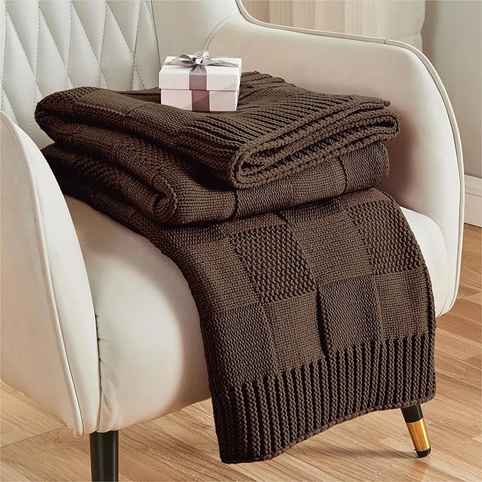 CozeCube Dark Brown Knitted Checkered Throw Blanket 60"X80" | Check Knit Throw for Couch, Decorative Christmas Soft Cozy Warm Blanket for Bed Sofa Living Room