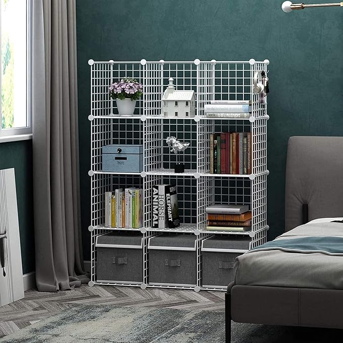 C&AHOME Wire Cube Storage, 12-Cube Storage Organizer Metal, C Grids Storage Bins Shelving, Modular Bookshelf Shelf, Closet Cabinet Ideal for Bedroom, Office 36.6”L x 12.4”W 48.4”H White