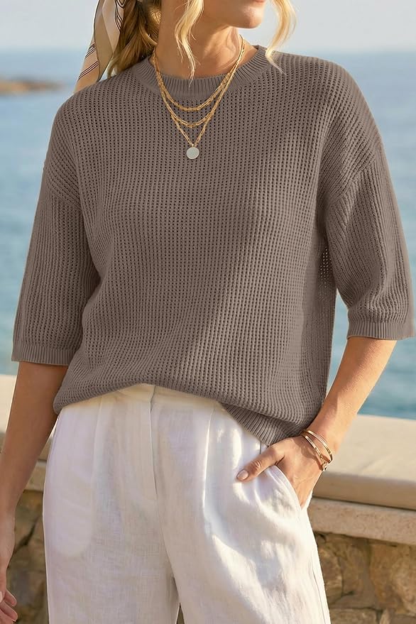 Arach&Cloz Womens Summer 100% Cotton Oversized Crochet Tops 3/4 Length Sleeve Sweater Hollow Out Casual Blouses 2026