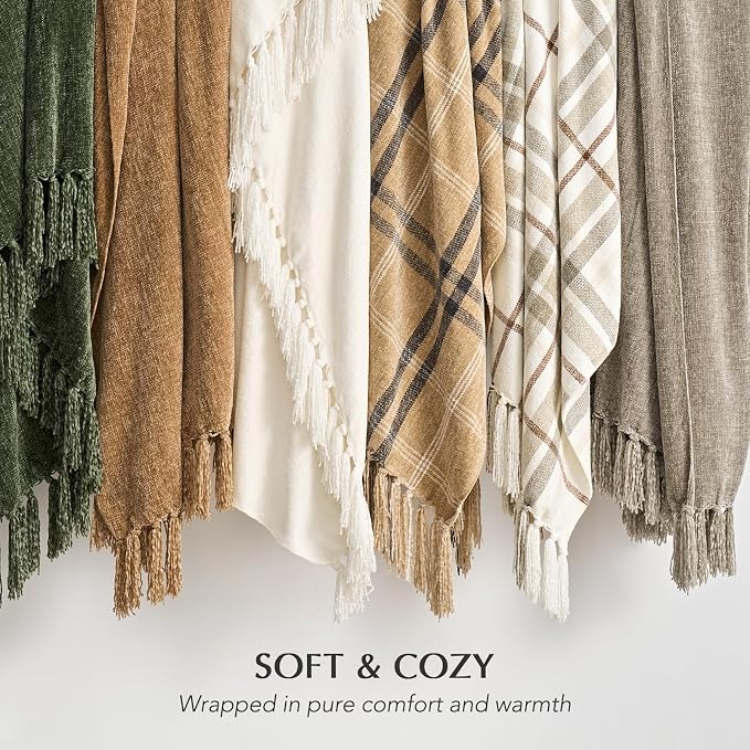 Chenille Knit Queen Blanket for Bed, 90"x90", Taupe | Super Soft Knit Throw with Tassels, Cozy, Decorative Farmhouse Plaid, Lightweight Blanket Queen Size for Couch Sofa Gift
