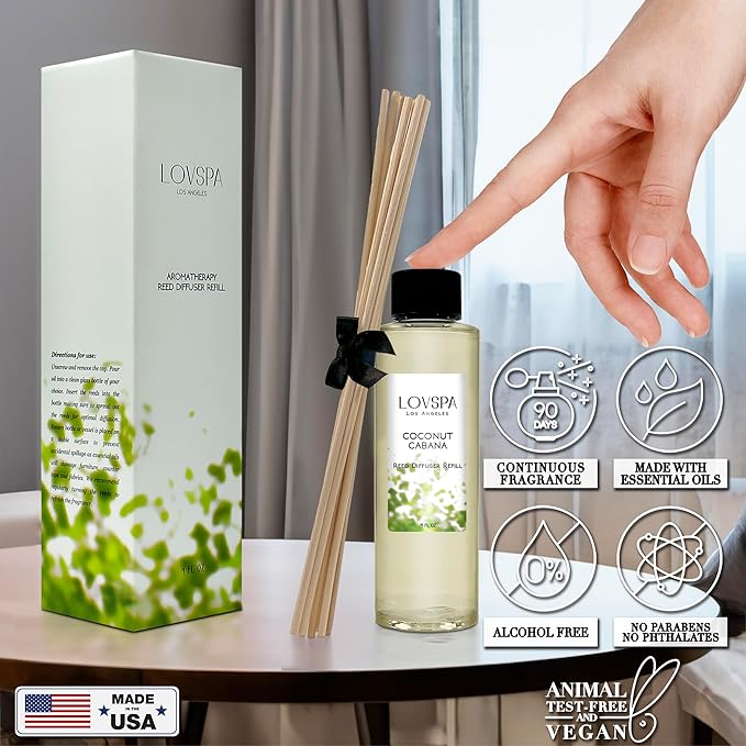 LOVSPA Coconut Cabana Diffuser Oil - Luxury Essential Oils for Diffuser Refill & Air Freshener Room Spray - Long-Lasting & Natural Home Fragrance, Scented Oil for Diffusers, USA Made, 4oz