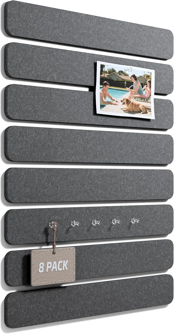 Fluxynara 13" x 2" Felt Wall Panels, Charcoal Gray | 8-Pack Includes 50 Push Pins and Adhesive Tabs for Photos, Notes and Decor in Bedroom Doors, Home Office or Studios