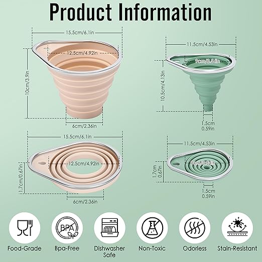 New Upgraded 2-Pack Silicone Collapsible Funnel Set with Stainless Steel Rim, Includes Large & Small Funnels for Filling Bottles,Canning,Dry & Liquid Ingredients (Green)