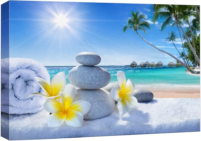 wall26 Canvas Print Wall Art White Massage Stones on Vibrant Beach Nature Floral Photography Realism Tropical Landscape Colorful Multicolor for Living Room, Bedroom, Office - 24"x36"