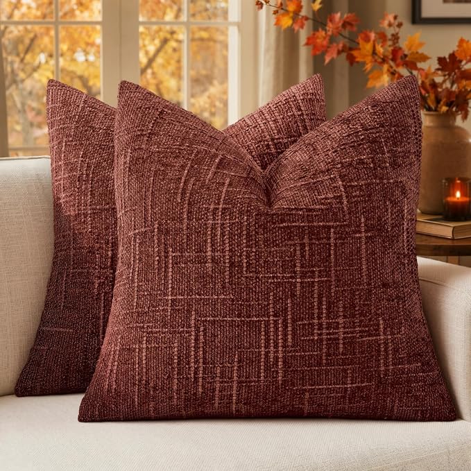MIULEE Chenille Textured Fall Throw Pillow Covers Rust 20x20 Set of 2 | Slubby Decorative Pillows, Boho Farmhouse Rustic Home Decor, Modern Neutral Cushion Covers for Couch Sofa Bed Living Room