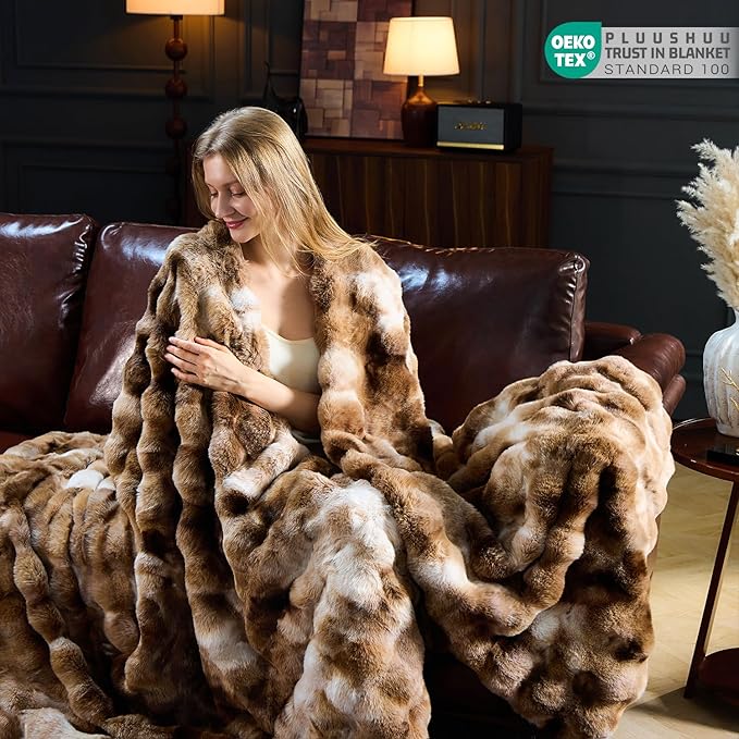 Faux Fur Throw Blanket for Couch, Fluffy Fuzzy Plush Bubble Blanket, Soft Warm Cozy Shaggy Rabbit Blanket, Luxury Decorative Gifts for Sofa Bedroom Living Room, 60x80inch (Tie-Dye-Brown)
