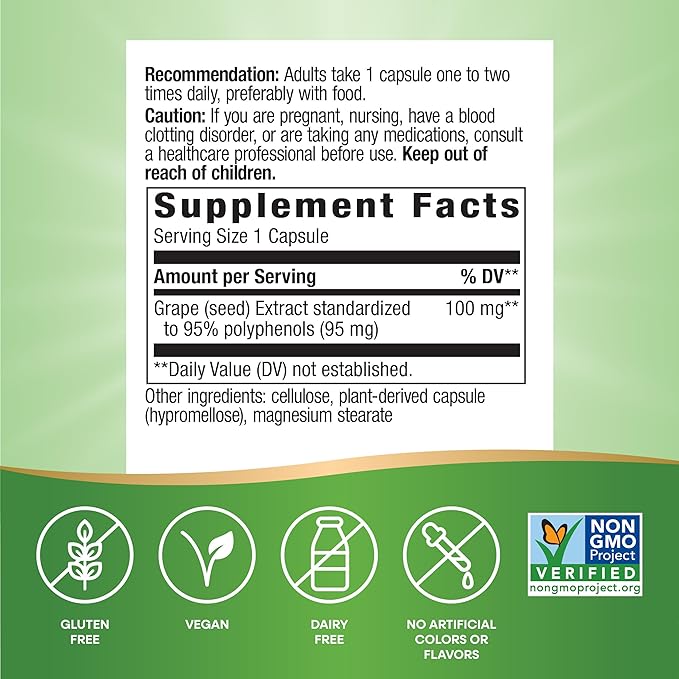 Nature's Way Grape Seed Premium Extract, Supports Healthy Skin and Veins*, Antioxidant Support*, Non-GMO Project Verified, 30 Vegan Capsules (Packaging May Vary)