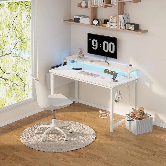Lufeiya Small White Desk with LED Lights and Power Outlets, 32 Inch Home Office Computer Desks with Monitor Stand, Teen Writing Study Table Gaming Desk with Charging Station, White
