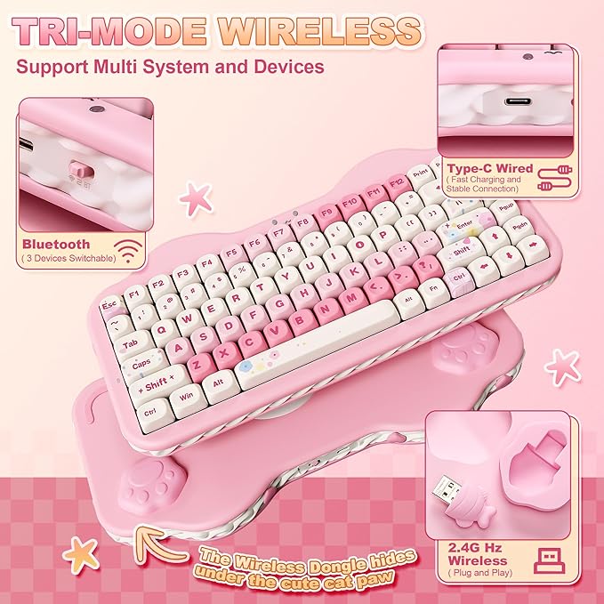 YUNZII C75 Cute 75% Wireless Mechanical Keyboard (Pink, Milk Switch) | Creamy Cake Keyboard, BT5.0/2.4G/USB-C, Hot-Swap, NKRO, PBT MOA Keycaps,5500mAh RGB Gasket Mount for Mac/Win/Gaming/Office