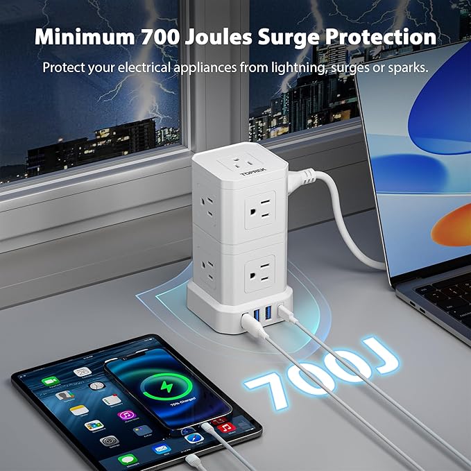 Power Strip with USB, TOPREK Power Strip Tower with 9 AC, 1 USB-C, 3 USB-A, Convertible Outlet Extender & Desk Charging Block with 6.5 FT Flat Plug Extension Cord for Home Office, Kitchen 1625W/13A