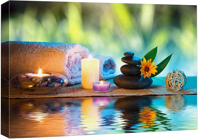 wall26 Canvas Print Wall Art Candles and Towels with Black Zen Stones and Orange Daisy Nature Floral Photography Realism Rustic Colorful Multicolor Ultra for Living Room, Bedroom, Office - 32"x48"