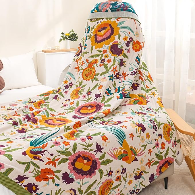 Boho Throw Blanket for Bed Couch 100% Cotton Ultra Soft Large Rustic Quilt King Blanket,Bird Floral Printed Farmhouse Bed Blankets 90"×98", Decorative Reversible Muslin Bed Cover for All Seasons