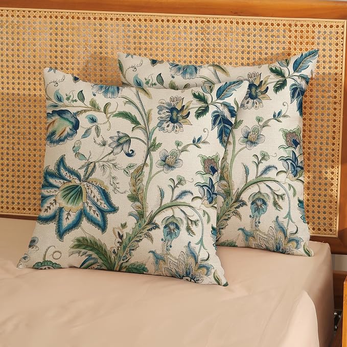 Blue Green Pillow Covers 22x22 Set of 2 Sage Green Chinoiserie Floral Throw Pillows Boho Vintage Flowers Decorative Pillowcase Outdoor Chinoiserie Decor Farmhouse Cushion Case for Couch Sofa
