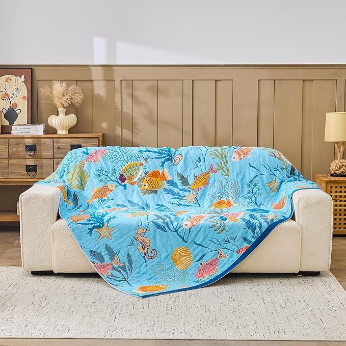 XIBLC Boho Throw Blanket 100% Cotton Vintage Blanket Muslin Woven Flower Decorative Throw Blankets All Season Bohemian Rustic Farmhouse Decor Quilt for Bed (Blue 50"x60")