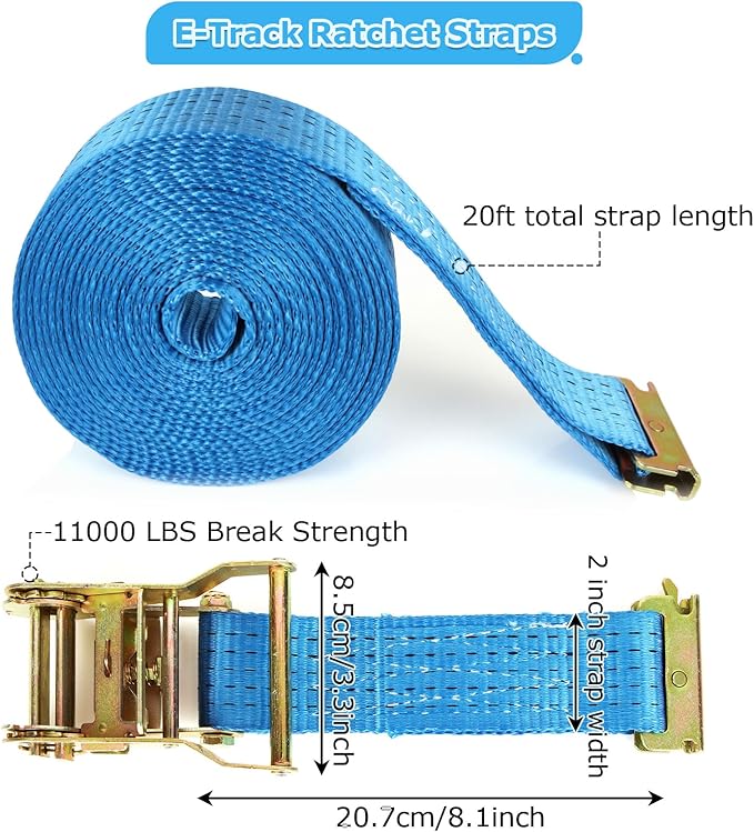 2 Pack Heavy Duty Ratchet E Track Straps - 20ft, 11000 LBS Break Strength, Etrack Tie Down Straps for Trailer, Trucks