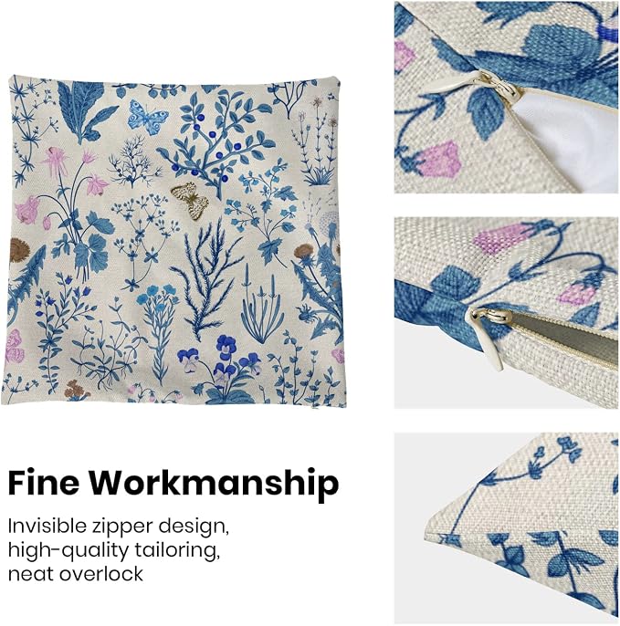 AEIOAE Summer Pillow Covers 18x18 Inch Set of 2,Blue Wild Flower Plant Throw Pillows Case,Seasonal Floral Outdoor Decorative Square Linen Farmhouse Decor Cushion Covers for Home Sofa Bed Couch